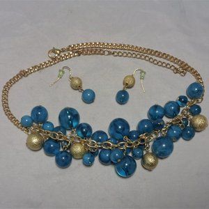Aqua & Gold Bead Adjustable Necklace & Earrings